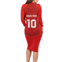 Custom Mate Ma'a Tonga Rugby Long Sleeve Bodycon Dress Ngatu Tribal Motifs Sporty Style - Polynesian Pride