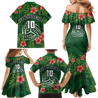 Custom Hawaii Volleyball Family Matching Mermaid Dress and Hawaiian Shirt Kakau Abstract and Tropical Plants Green Color - Polynesian Pride