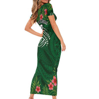 Custom Hawaii Volleyball Short Sleeve Bodycon Dress Kakau Abstract and Tropical Plants Green Color - Polynesian Pride
