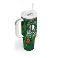 Custom Hawaii Volleyball Tumbler With Handle Kakau Abstract and Tropical Plants Green Color - Polynesian Pride