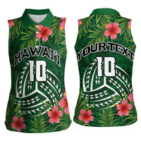 Custom Hawaii Volleyball Women Sleeveless Polo Shirt Kakau Abstract and Tropical Plants Green Color LT03 - Polynesian Pride