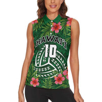 Custom Hawaii Volleyball Women Sleeveless Polo Shirt Kakau Abstract and Tropical Plants Green Color LT03 - Polynesian Pride