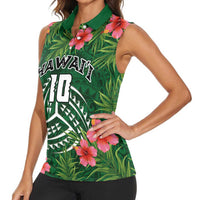Custom Hawaii Volleyball Women Sleeveless Polo Shirt Kakau Abstract and Tropical Plants Green Color LT03 - Polynesian Pride