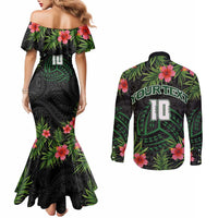 Custom Hawaii Volleyball Couples Matching Mermaid Dress and Long Sleeve Button Shirt Kakau Abstract and Tropical Plants Black Color LT03 - Polynesian Pride