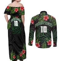 Custom Hawaii Volleyball Couples Matching Off Shoulder Maxi Dress and Long Sleeve Button Shirt Kakau Abstract and Tropical Plants Black Color LT03 - Polynesian Pride