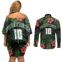 Custom Hawaii Volleyball Couples Matching Off Shoulder Short Dress and Long Sleeve Button Shirt Kakau Abstract and Tropical Plants Black Color LT03 - Polynesian Pride