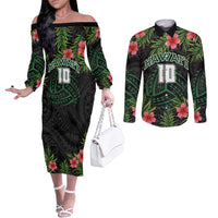 Custom Hawaii Volleyball Couples Matching Off The Shoulder Long Sleeve Dress and Long Sleeve Button Shirt Kakau Abstract and Tropical Plants Black Color LT03 Black - Polynesian Pride