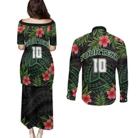 Custom Hawaii Volleyball Couples Matching Puletasi and Long Sleeve Button Shirt Kakau Abstract and Tropical Plants Black Color LT03 - Polynesian Pride