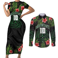 Custom Hawaii Volleyball Couples Matching Short Sleeve Bodycon Dress and Long Sleeve Button Shirt Kakau Abstract and Tropical Plants Black Color LT03 Black - Polynesian Pride