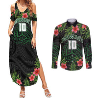 Custom Hawaii Volleyball Couples Matching Summer Maxi Dress and Long Sleeve Button Shirt Kakau Abstract and Tropical Plants Black Color LT03 Black - Polynesian Pride