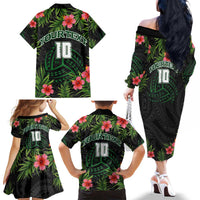 Custom Hawaii Volleyball Family Matching Off The Shoulder Long Sleeve Dress and Hawaiian Shirt Kakau Abstract and Tropical Plants Black Color LT03 - Polynesian Pride