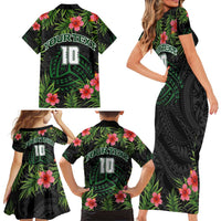 Custom Hawaii Volleyball Family Matching Short Sleeve Bodycon Dress and Hawaiian Shirt Kakau Abstract and Tropical Plants Black Color LT03 - Polynesian Pride