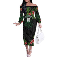 Custom Hawaii Volleyball Off The Shoulder Long Sleeve Dress Kakau Abstract and Tropical Plants Black Color LT03 Women Black - Polynesian Pride