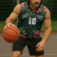 Custom Hawaii Volleyball Sleeveless Zip Hoodie Kakau Abstract and Tropical Plants Black Color LT03 - Polynesian Pride