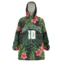 Custom Hawaii Volleyball Wearable Blanket Hoodie Kakau Abstract and Tropical Plants Black Color LT03 One Size Black - Polynesian Pride