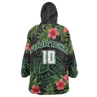 Custom Hawaii Volleyball Wearable Blanket Hoodie Kakau Abstract and Tropical Plants Black Color LT03 - Polynesian Pride