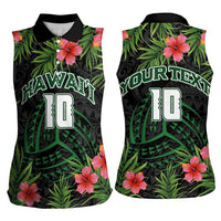 Custom Hawaii Volleyball Women Sleeveless Polo Shirt Kakau Abstract and Tropical Plants Black Color LT03 - Polynesian Pride