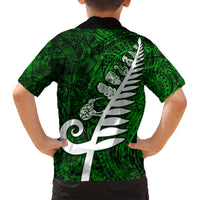 New Zealand Kid Hawaiian Shirt Silver Fern and Maori Symbols Papua Shell Green Style LT03 - Polynesian Pride