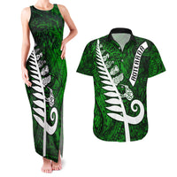 Personalized New Zealand Couples Matching Tank Maxi Dress and Hawaiian Shirt Silver Fern and Maori Symbols Papua Shell Green Style LT03 Green - Polynesian Pride