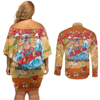 Hawaii Mele Kalikimaka Couples Matching Off Shoulder Short Dress and Long Sleeve Button Shirt Funny Santa Claus Surfing on Tropical Plants LT03 - Polynesian Pride