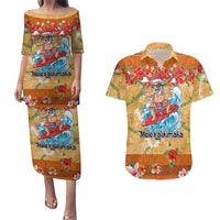 Hawaii Mele Kalikimaka Couples Matching Puletasi and Hawaiian Shirt Funny Santa Claus Surfing on Tropical Plants LT03 Multicolor - Polynesian Pride