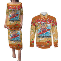 Hawaii Mele Kalikimaka Couples Matching Puletasi and Long Sleeve Button Shirt Funny Santa Claus Surfing on Tropical Plants LT03 Multicolor - Polynesian Pride