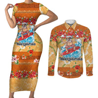 Hawaii Mele Kalikimaka Couples Matching Short Sleeve Bodycon Dress and Long Sleeve Button Shirt Funny Santa Claus Surfing on Tropical Plants LT03 Multicolor - Polynesian Pride