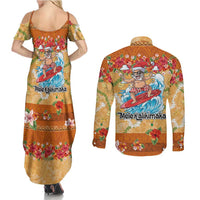 Hawaii Mele Kalikimaka Couples Matching Summer Maxi Dress and Long Sleeve Button Shirt Funny Santa Claus Surfing on Tropical Plants LT03 - Polynesian Pride