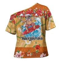 Hawaii Mele Kalikimaka Cross Shoulder Shirt Funny Santa Claus Surfing on Tropical Plants LT03 - Polynesian Pride