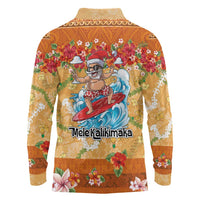Hawaii Mele Kalikimaka Long Sleeve Polo Shirt Funny Santa Claus Surfing on Tropical Plants LT03 - Polynesian Pride