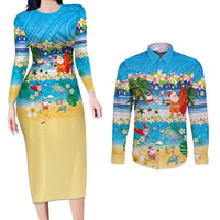 Polynesian Merry Christmas Couples Matching Long Sleeve Bodycon Dress and Long Sleeve Button Shirt Funny Santa Beach Tropical Plant and Turtle LT03 Multicolor - Polynesian Pride