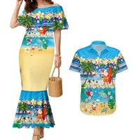 Polynesian Merry Christmas Couples Matching Mermaid Dress and Hawaiian Shirt Funny Santa Beach Tropical Plant and Turtle LT03 Multicolor - Polynesian Pride