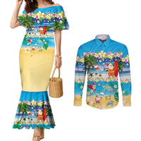 Polynesian Merry Christmas Couples Matching Mermaid Dress and Long Sleeve Button Shirt Funny Santa Beach Tropical Plant and Turtle LT03 Multicolor - Polynesian Pride
