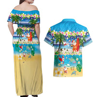 Polynesian Merry Christmas Couples Matching Off Shoulder Maxi Dress and Hawaiian Shirt Funny Santa Beach Tropical Plant and Turtle LT03 - Polynesian Pride