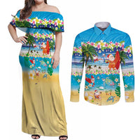 Polynesian Merry Christmas Couples Matching Off Shoulder Maxi Dress and Long Sleeve Button Shirt Funny Santa Beach Tropical Plant and Turtle LT03 Multicolor - Polynesian Pride