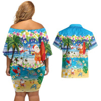 Polynesian Merry Christmas Couples Matching Off Shoulder Short Dress and Hawaiian Shirt Funny Santa Beach Tropical Plant and Turtle LT03 - Polynesian Pride