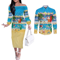 Polynesian Merry Christmas Couples Matching Off The Shoulder Long Sleeve Dress and Long Sleeve Button Shirt Funny Santa Beach Tropical Plant and Turtle LT03 Multicolor - Polynesian Pride