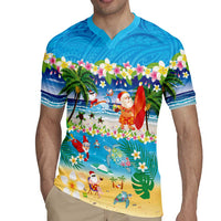Polynesian Merry Christmas Rugby Jersey Funny Santa Beach Tropical Plant and Turtle - Polynesian Pride