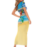 Polynesian Merry Christmas Short Sleeve Bodycon Dress Funny Santa Beach Tropical Plant and Turtle LT03 - Polynesian Pride
