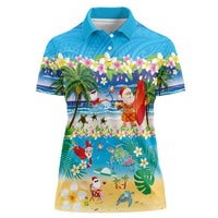 Polynesian Merry Christmas Women Polo Shirt Funny Santa Beach Tropical Plant and Turtle LT03 Female Multicolor - Polynesian Pride