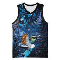Aotearoa Matariki Basketball Jersey Maori Tribal with Silver Fern and Tui Bird Galaxy Style LT03 Unisex Navy - Polynesian Pride
