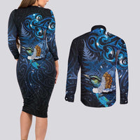 Aotearoa Matariki Couples Matching Long Sleeve Bodycon Dress and Long Sleeve Button Shirt Maori Tribal with Silver Fern and Tui Bird Galaxy Style LT03 - Polynesian Pride