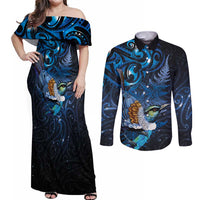 Aotearoa Matariki Couples Matching Off Shoulder Maxi Dress and Long Sleeve Button Shirt Maori Tribal with Silver Fern and Tui Bird Galaxy Style LT03 Navy - Polynesian Pride