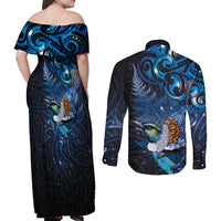 Aotearoa Matariki Couples Matching Off Shoulder Maxi Dress and Long Sleeve Button Shirt Maori Tribal with Silver Fern and Tui Bird Galaxy Style LT03 - Polynesian Pride