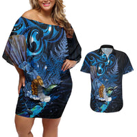 Aotearoa Matariki Couples Matching Off Shoulder Short Dress and Hawaiian Shirt Maori Tribal with Silver Fern and Tui Bird Galaxy Style LT03 Navy - Polynesian Pride