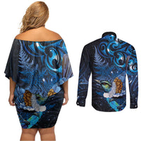 Aotearoa Matariki Couples Matching Off Shoulder Short Dress and Long Sleeve Button Shirt Maori Tribal with Silver Fern and Tui Bird Galaxy Style LT03 - Polynesian Pride