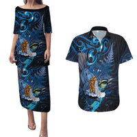 Aotearoa Matariki Couples Matching Puletasi and Hawaiian Shirt Maori Tribal with Silver Fern and Tui Bird Galaxy Style LT03 Navy - Polynesian Pride