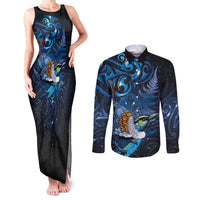 Aotearoa Matariki Couples Matching Tank Maxi Dress and Long Sleeve Button Shirt Maori Tribal with Silver Fern and Tui Bird Galaxy Style LT03 Navy - Polynesian Pride