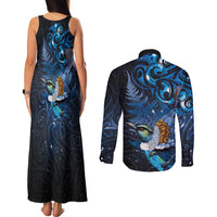 Aotearoa Matariki Couples Matching Tank Maxi Dress and Long Sleeve Button Shirt Maori Tribal with Silver Fern and Tui Bird Galaxy Style LT03 - Polynesian Pride