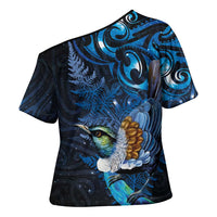 Aotearoa Matariki Cross Shoulder Shirt Maori Tribal with Silver Fern and Tui Bird Galaxy Style LT03 - Polynesian Pride